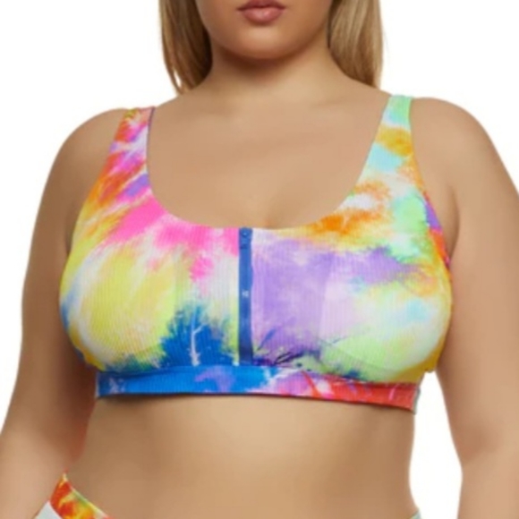 SEXY ☆ RAINBOW TIE DYE ZIP FRONT ☆ CAGED RIBBED BIKINI ☆ NWT - Picture 3 of 12
